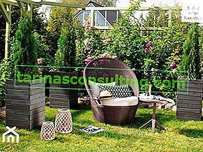 плетен стол за градината, дървени саксии, градина