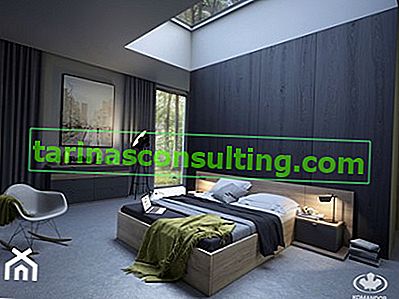 modernes Schlafzimmer in Grautönen, graue Vorhänge, Holzbettrahmen
